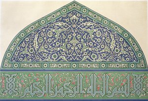 Csempe díszítés, Qous mecset katedrálisa az „arab művészet a kairói műemlékeken keresztül a 7. századtól a 18. század végéig” című műből, Lemoine metszet, 1877-ben (színes litho)